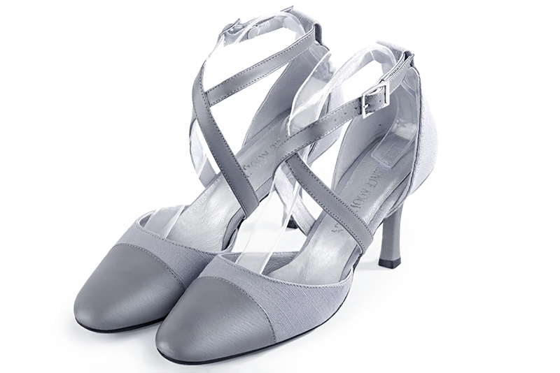 Mouse grey women's open side shoes, with crossed straps. Round toe. High slim heel. Front view - Florence KOOIJMAN